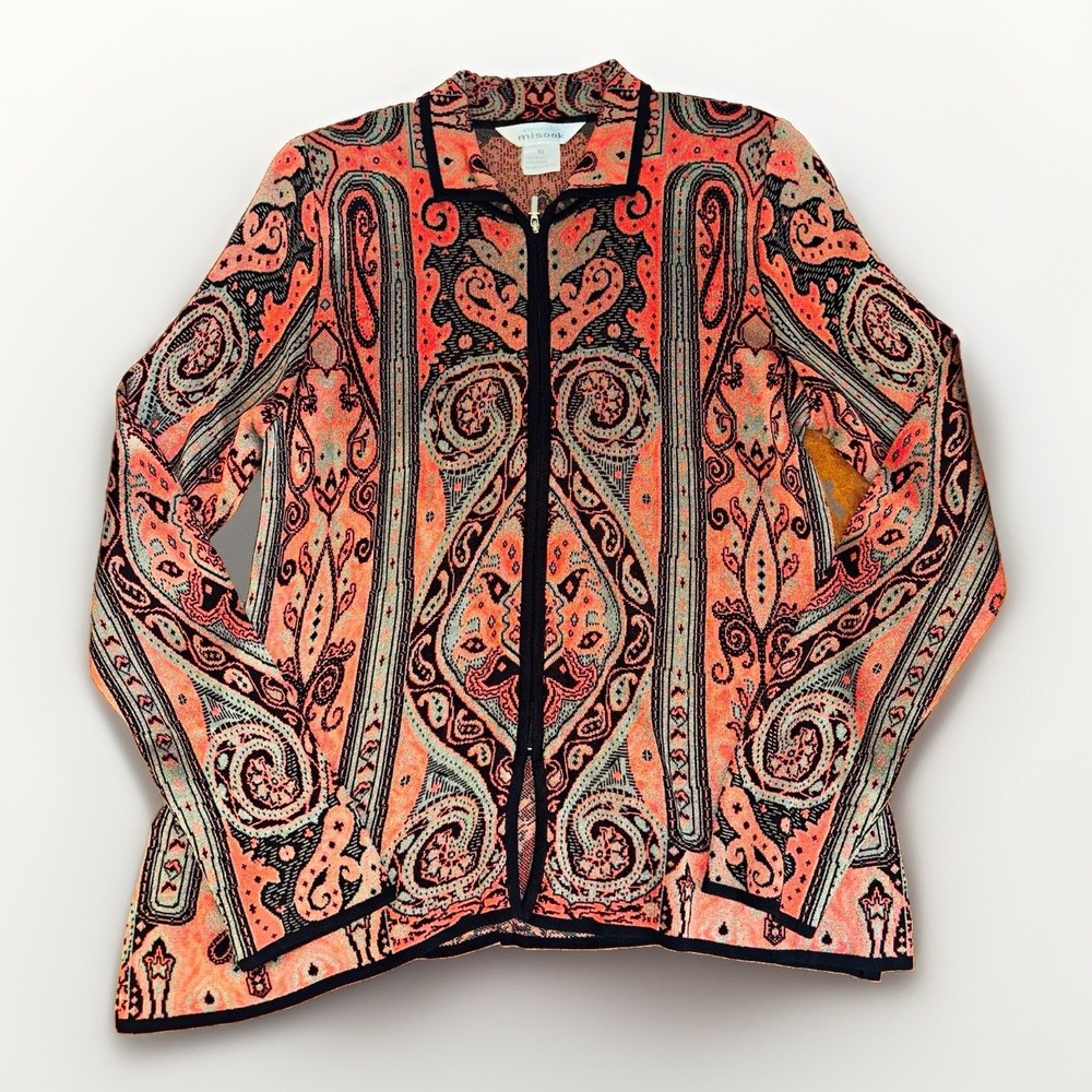 Misook Women's M Knit Cardigan Sweater Full Zip Collared Paisley Pink/Black